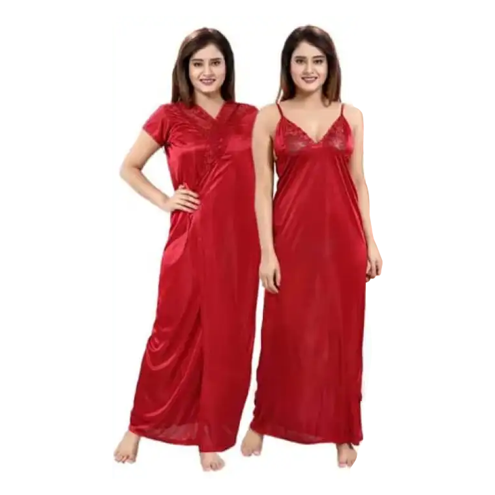 Satin 4 Part Night Dress For Women - Maroon - ND-03