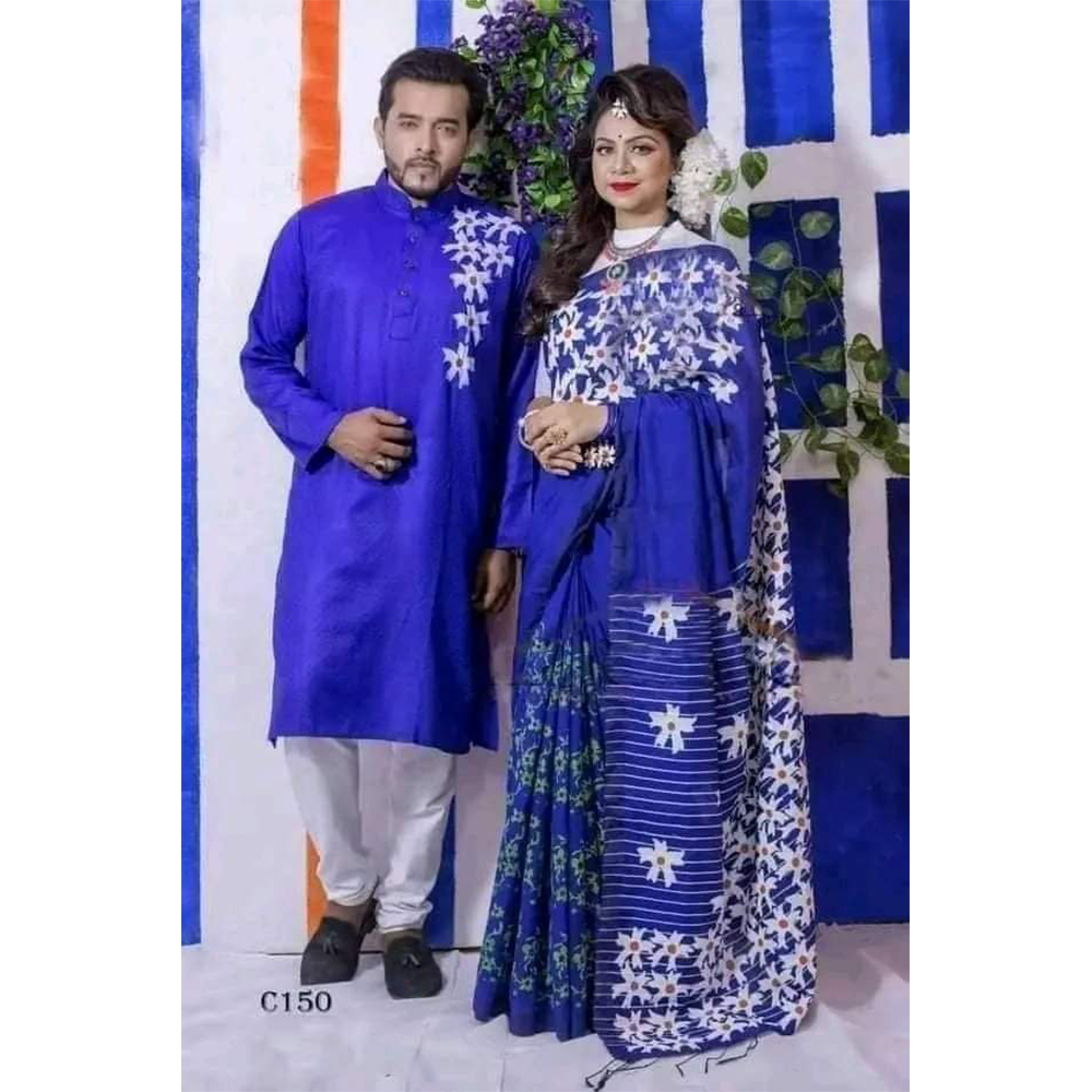Half Silk Block Print Saree and Dupiyan Cotton Panjabi Couple Set - Blue - 60