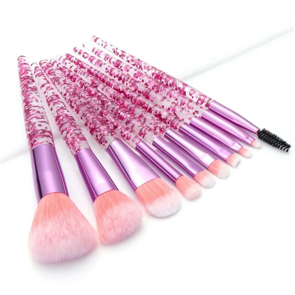 Set of 10 Pcs Synthetic Fiber Crystal Makeup Brush With Glitter Handle Set - Pink