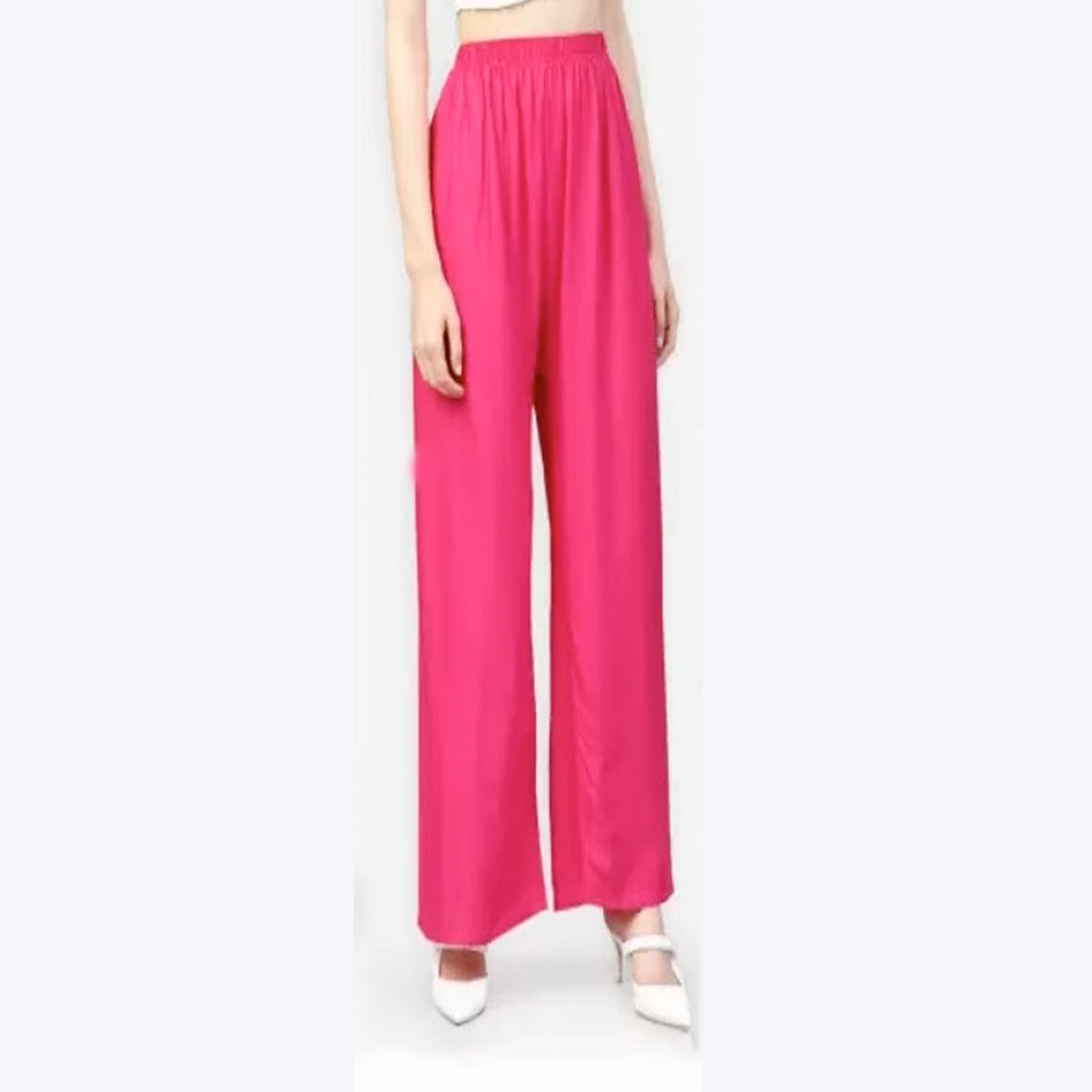 Linen Loose Fit Flared Wide Palazzo Pants For Women - Magenta