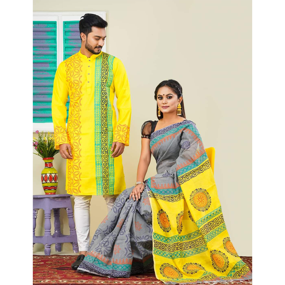 Dhupian Silk Saree and Dhupian Panjabi for Couple - Yellow - HS-00107