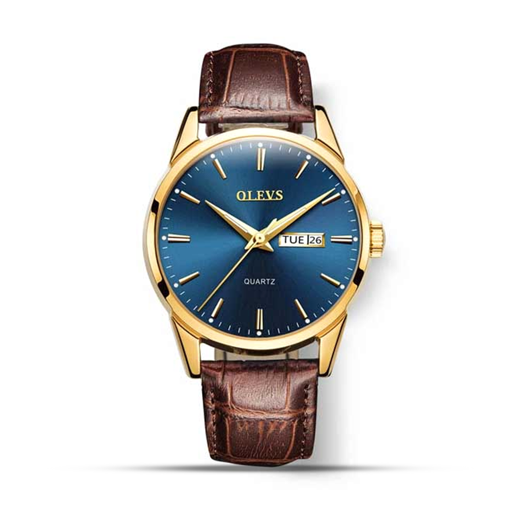 Olevs 6898 PU Leather Wrist Watch for Men - Golden Blue