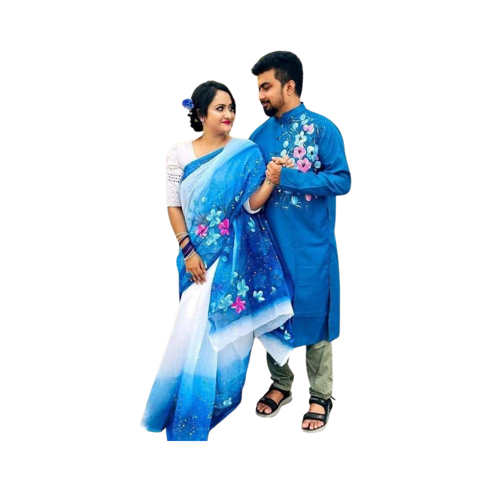 Cotton Silk Saree and Dhupian Cotton Panjabi Couple Dress - Soft Blue - SC51