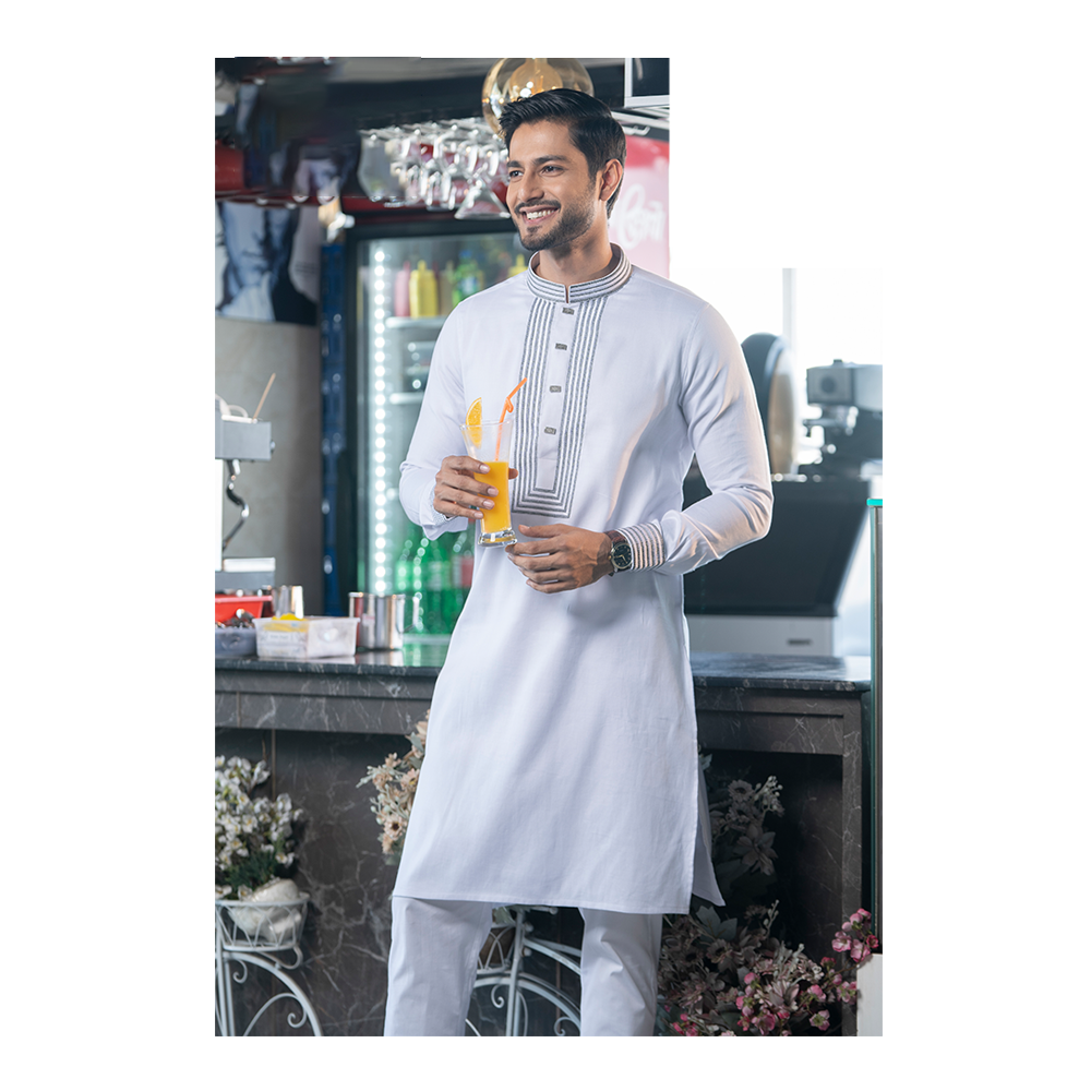 Cotton Embroidery Soft Premium Panjabi for Men - White - SP-25