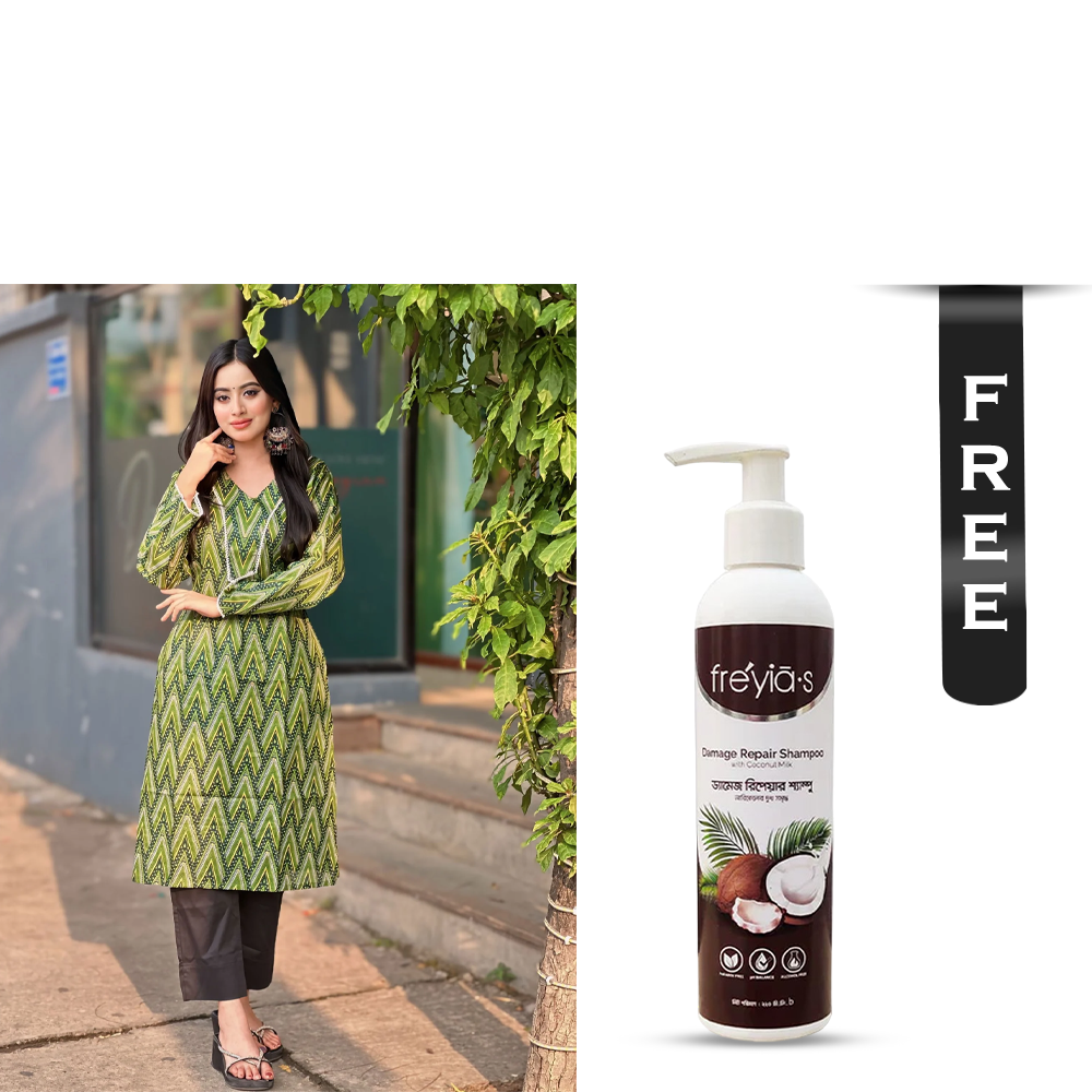 Buy Showstopper Cotton Kurti for Women - 0224 000318 - Bright Green and Get Freyias Damage Repair Shampoo with Coconut Milk - 220ml Free