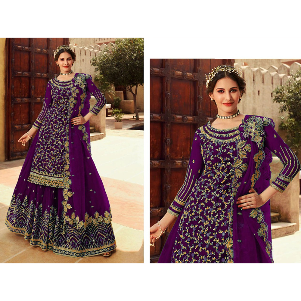 Semi-Stitched Georgette Embroidered Sharara Dress for Women - Purple - HP-MSD-425