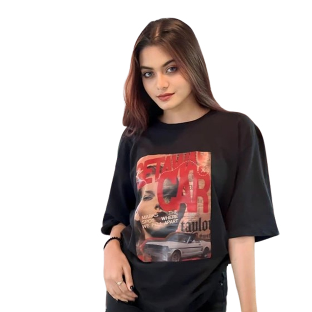 Cotton Print Half Sleeve T-Shirt For Women - Black - LG-70