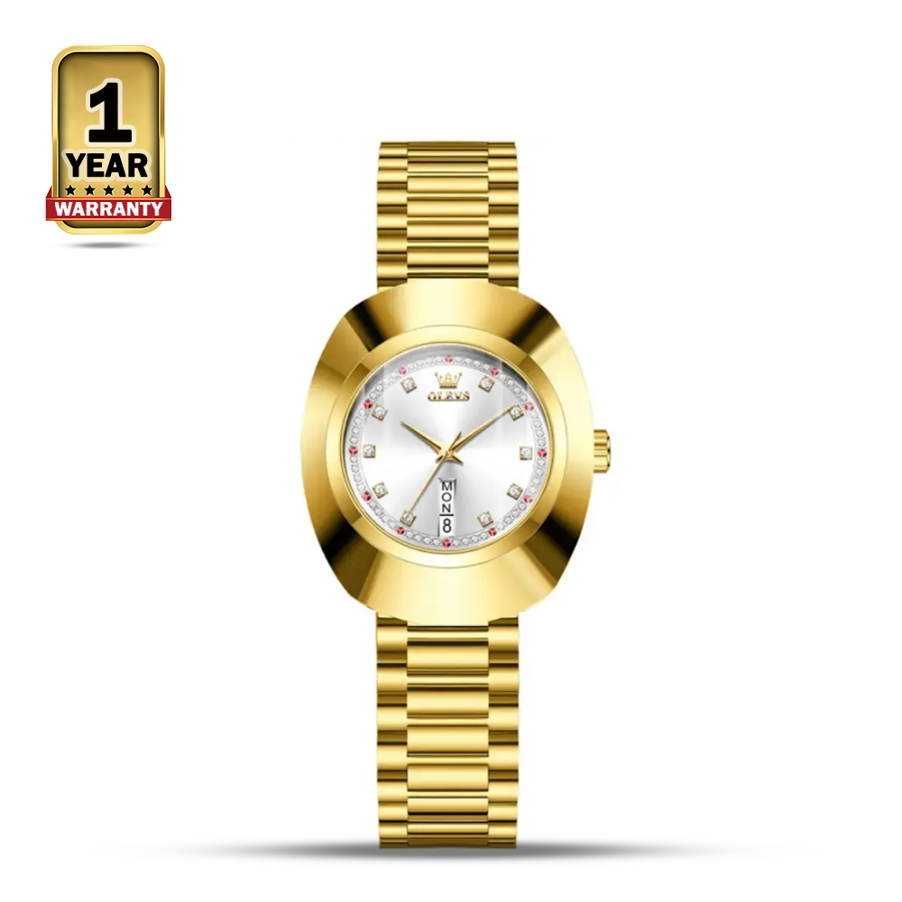 OLEVS 7017 Steel Quartz Round-Dial Watch For Women - Golden White