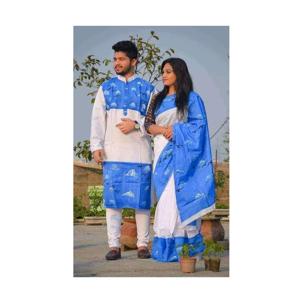 Hand Printed Half Silk Saree and Dhupian Cotton Panjabi For Couple Set - BAN075