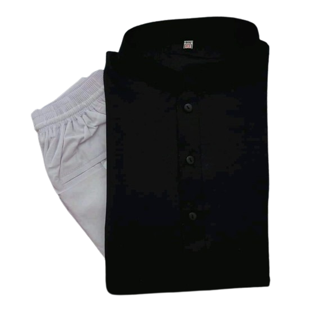 Silk Semi Long Panjabi and Cotton Payjama Set For Men - Black and White