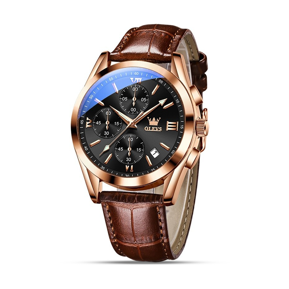 Olevs 2872 PU Leather Wrist Watch For Men - Brown and Black