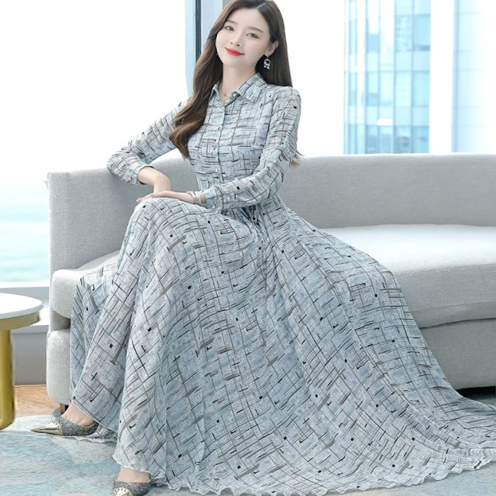 Linen Full Sleeve Digital Print Long Step Shirt and Long Gown For Women - Gray - 1553