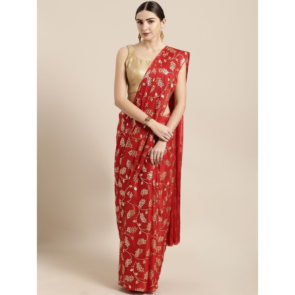 Silk Printed Gorgeous Saree With Blouse Piece For Women - Red - MN-750