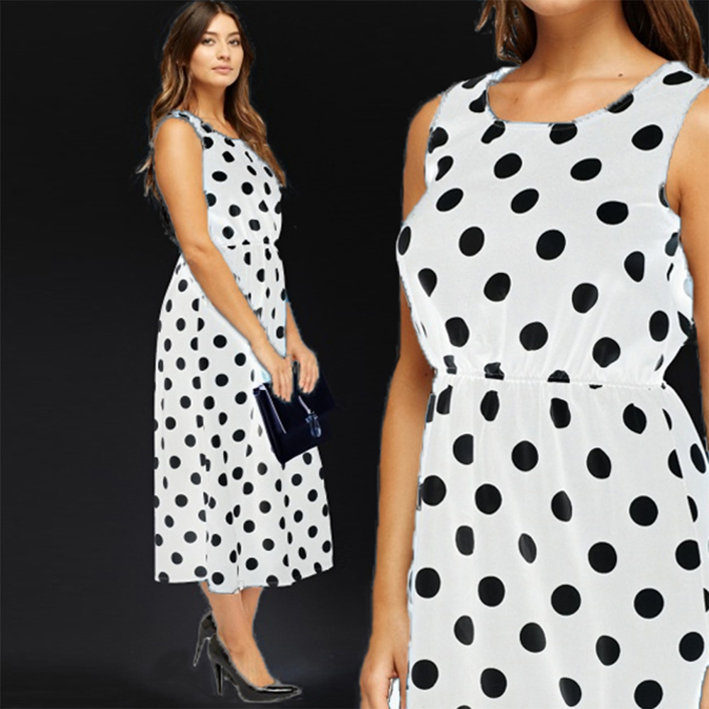 Linen Sleeveless Dot Print Kurti for Women - White - 1823