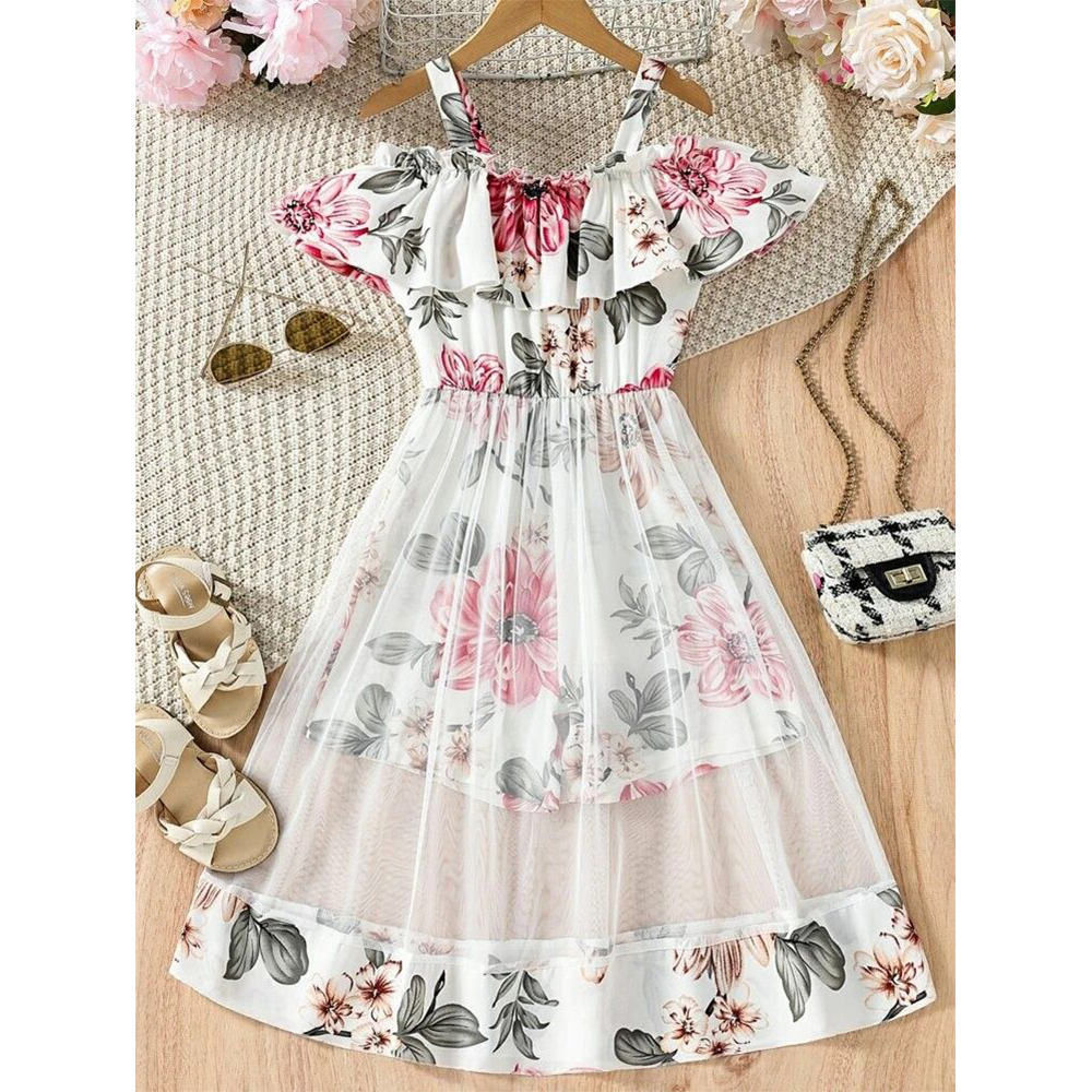 Linen Digital Print Party Dress Baby Dress For Girls - White - 1729