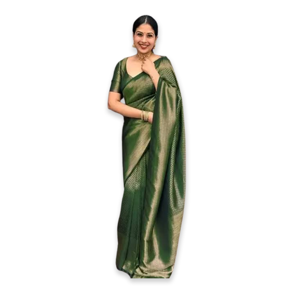 Kanchi Puram Silk Saree With Blouse Piece For Women - Green