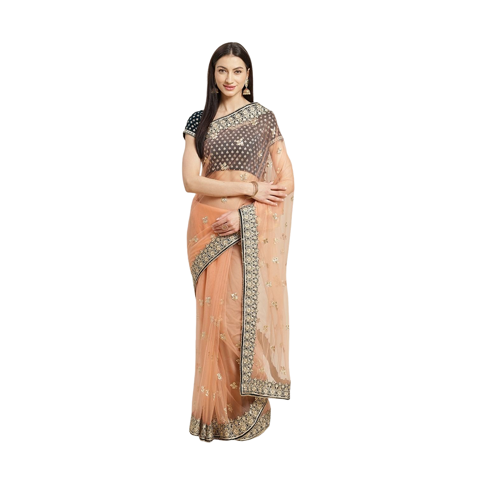 Georgette Saree With Embroidery and Stone Work Velvet Blouse For Women - Light Brown and Black