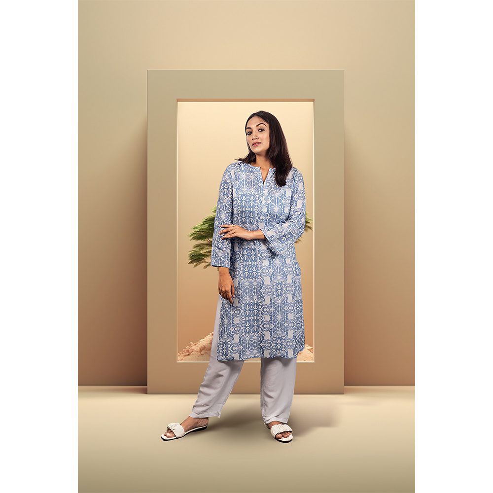 Viscose Printed Kurtis For Women - Light Blue - ELV005