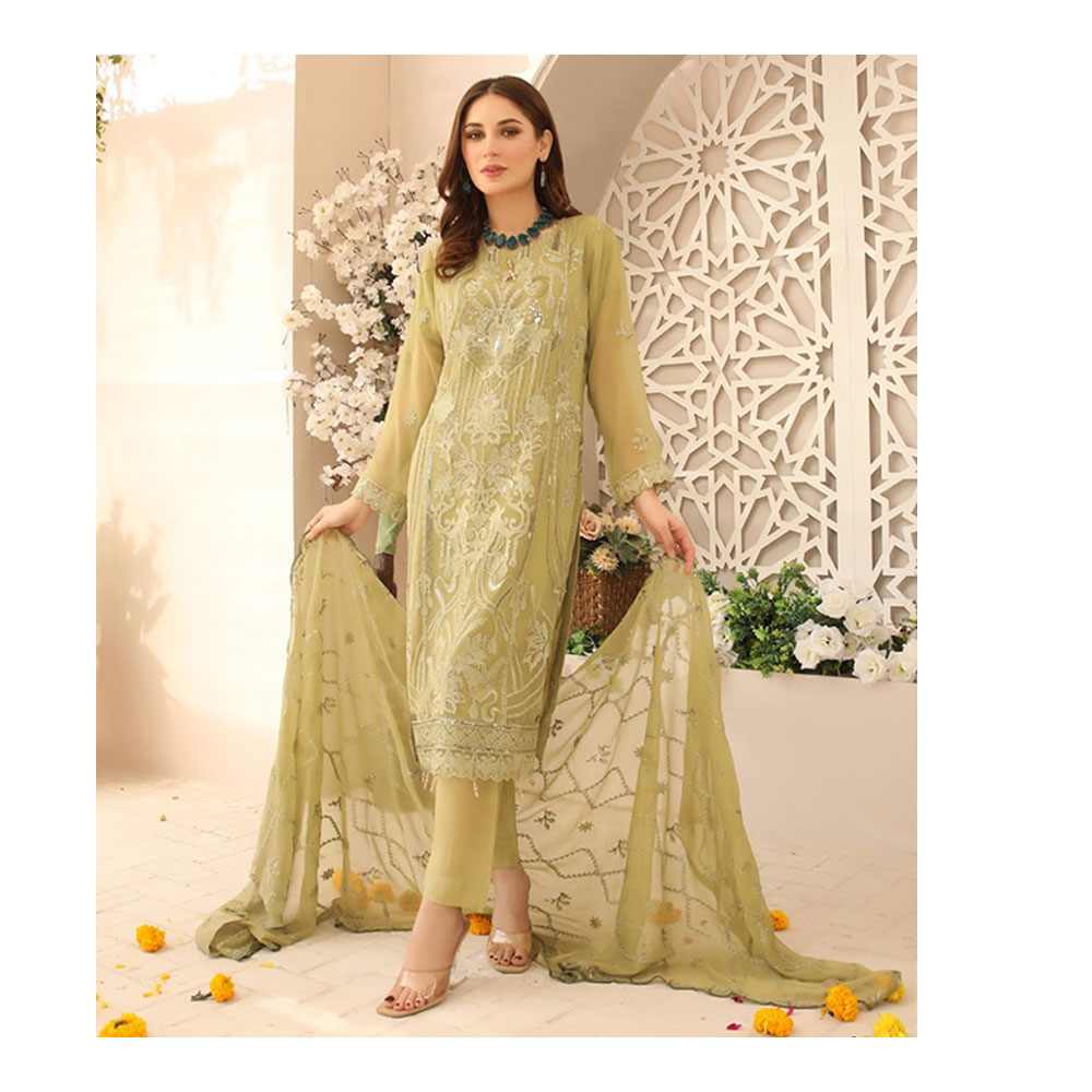 Semi-stitched Chiffon Party Dress for Women - Olive - HP-3PP-302 (1 Pc Ring Free)