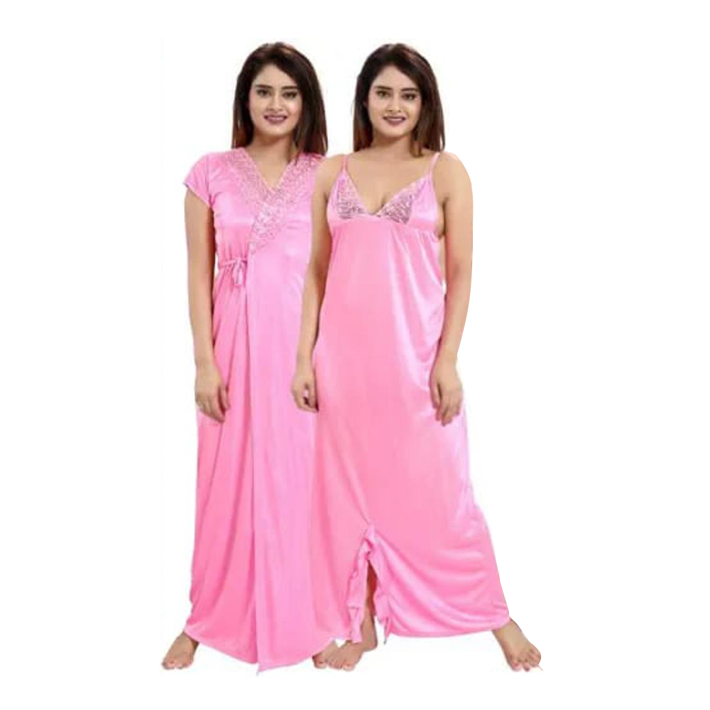 Satin 4 Part Night Dress For Women - Pink - ND-02