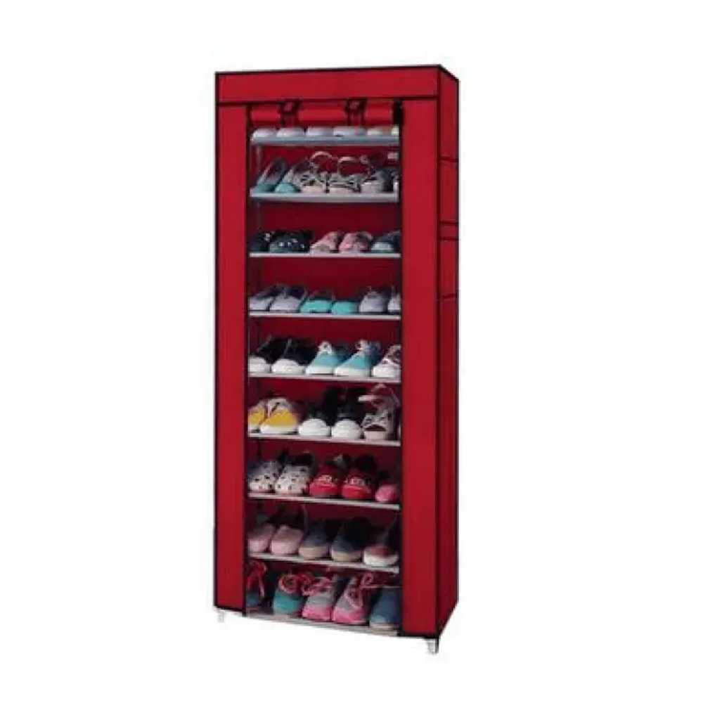 Fabric 9 Layer Dust Proof Cloth Shoe Rack - Red