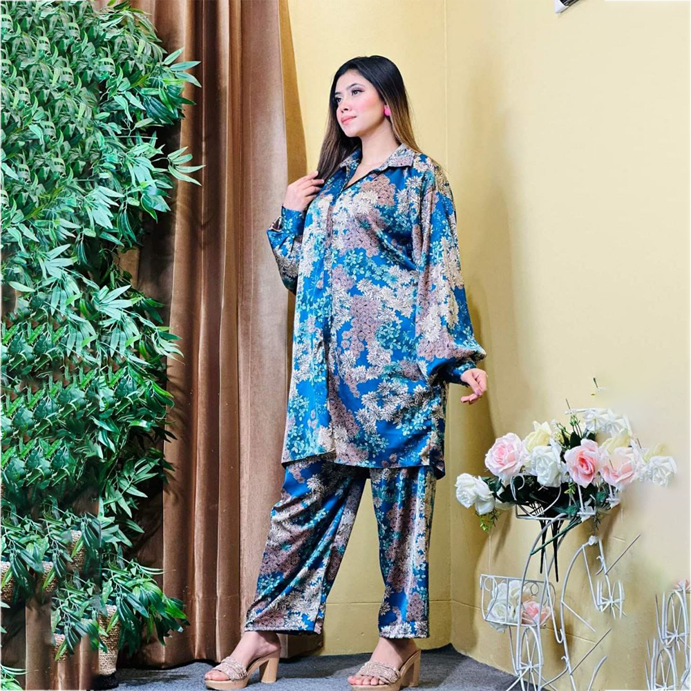 Silk Printed Kaptan with Pant for Women - Multicolor - C3-01