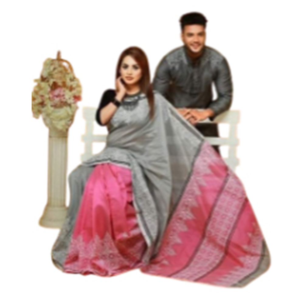 Half Silk Block Print Saree and Silk Cotton Panjabi For Couple - Gray - CS-B14