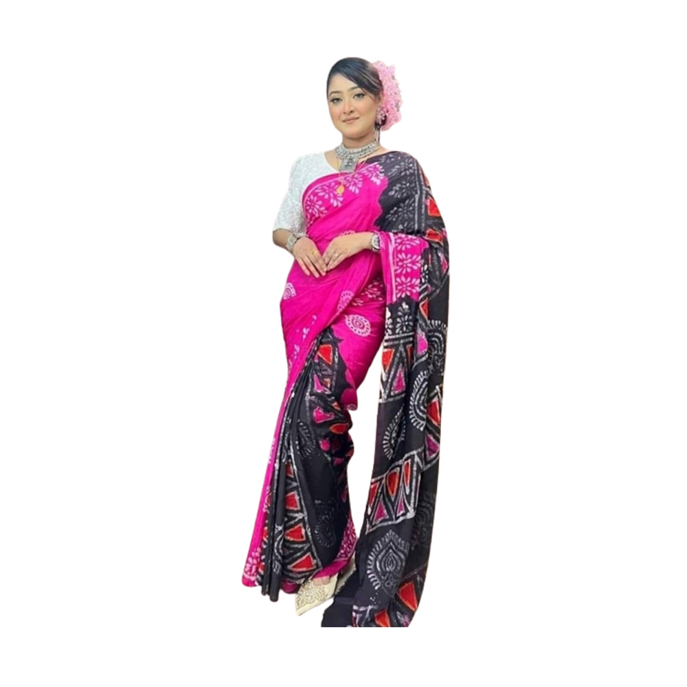 Cotton Batik Saree With Blouse Piece for Women - Pink and Black - SB-48