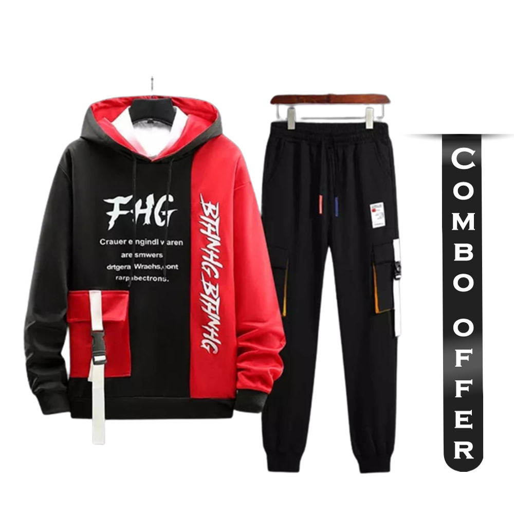 Combo Of Cotton Winter Hoodie With Trouser For Men - Black and Red - HT-21