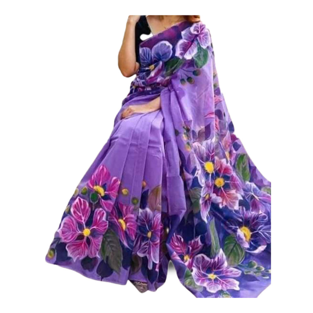 Hand Printed Half Silk Saree for Women - Purple - SP-89 