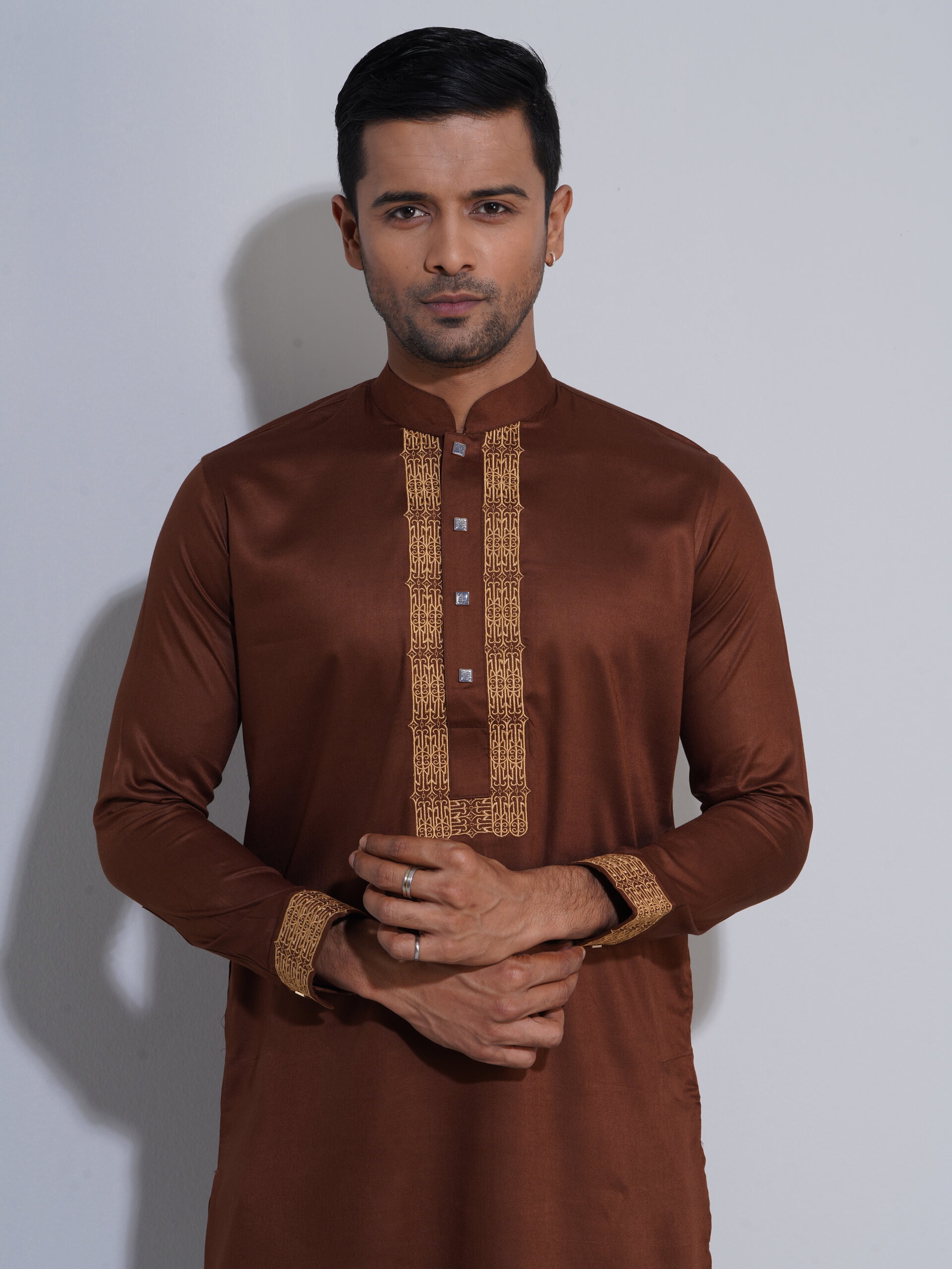 Aman Cotton Embroidery Panjabi for Men - Brown - P25