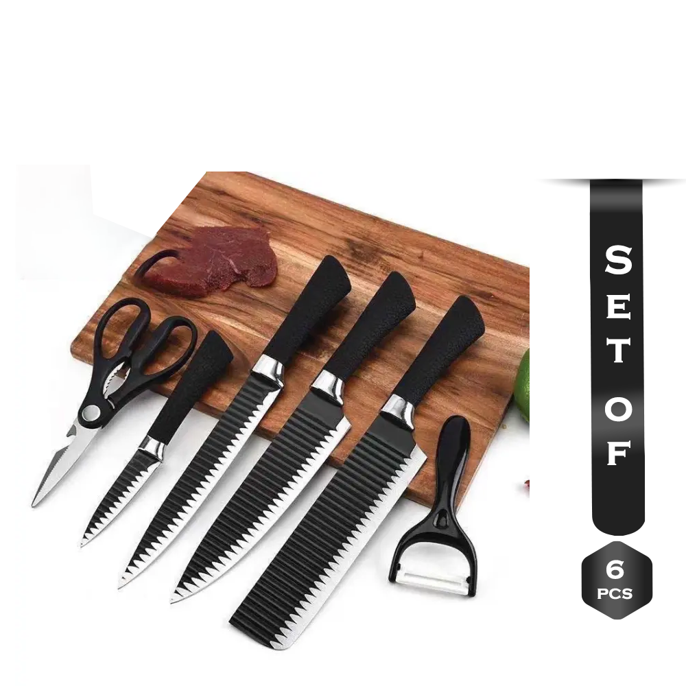 Set of 06 Pcs Stainless Steel Non Stick Coating Knife Set - Black