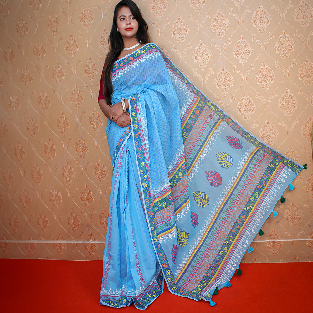 Cotton Half Silk Hand Printed Saree For Women - Sky Blue - Single _ 01
