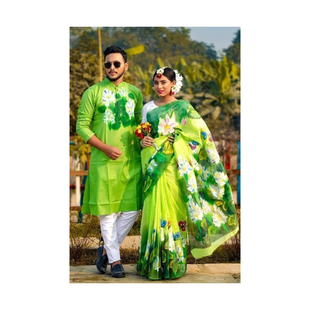 Hand Printed Half Silk Saree and Dhupian Cotton Panjabi For Couple Set - BAN060