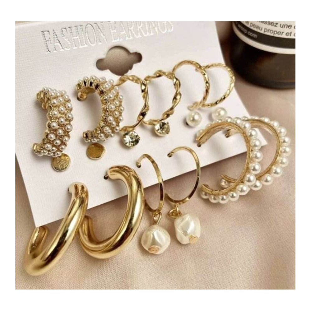 Baochai Vintage Gold Hook Pearl Earring Set for Women - 9 Pairs - Golden