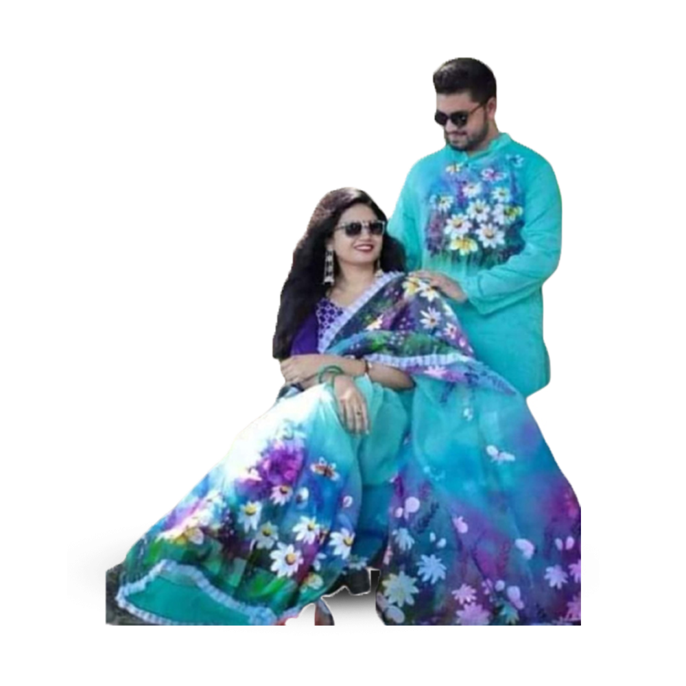 Hand Printed Saree With Panjabi Couple Set - Multocolor - CS-86 