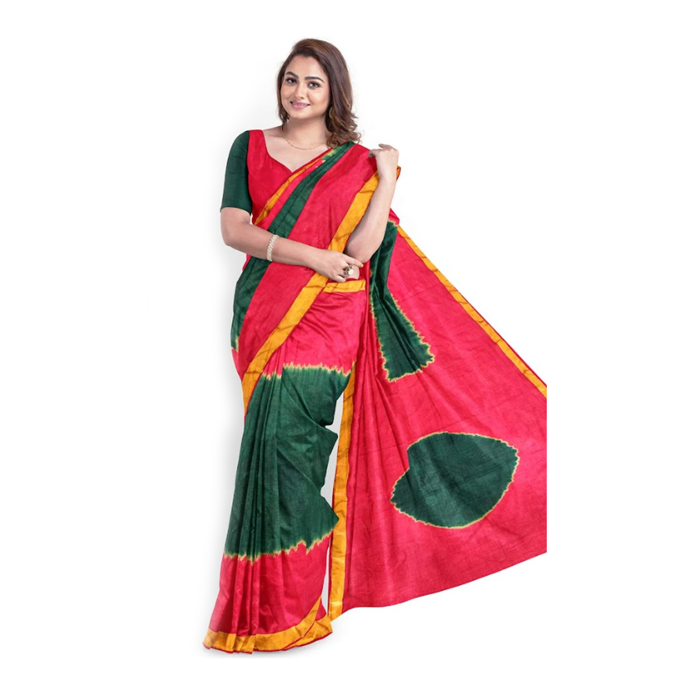 Victory Day Special Silk Tangail Tant Saree for Women - Green and Red - TTS-209