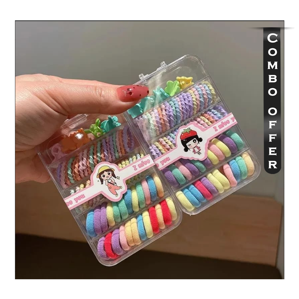 Colorful Kids Cute Clips Bands & Scrunchies Set Macaron Box for Children - 65 pcs - Multicolor