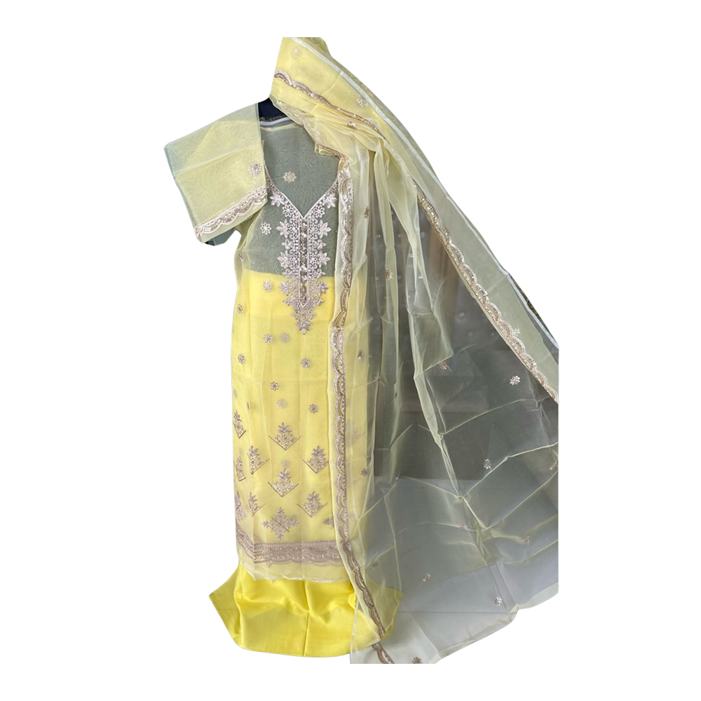 Unstitched Pakistani Organza Salwar Kameez for Women - Yellow