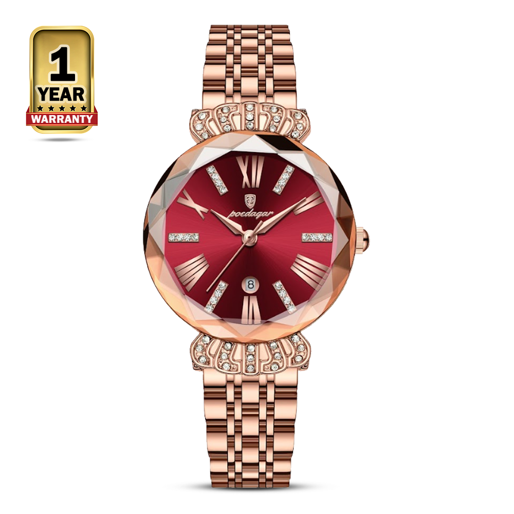 Poedagar 766 Stainless Steel Wrist Watch For Women - Rose Gold and Red