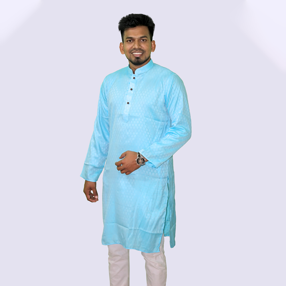 Dhupiyan Cotton Silk Semi Long Panjabi For Men - Sky Blue