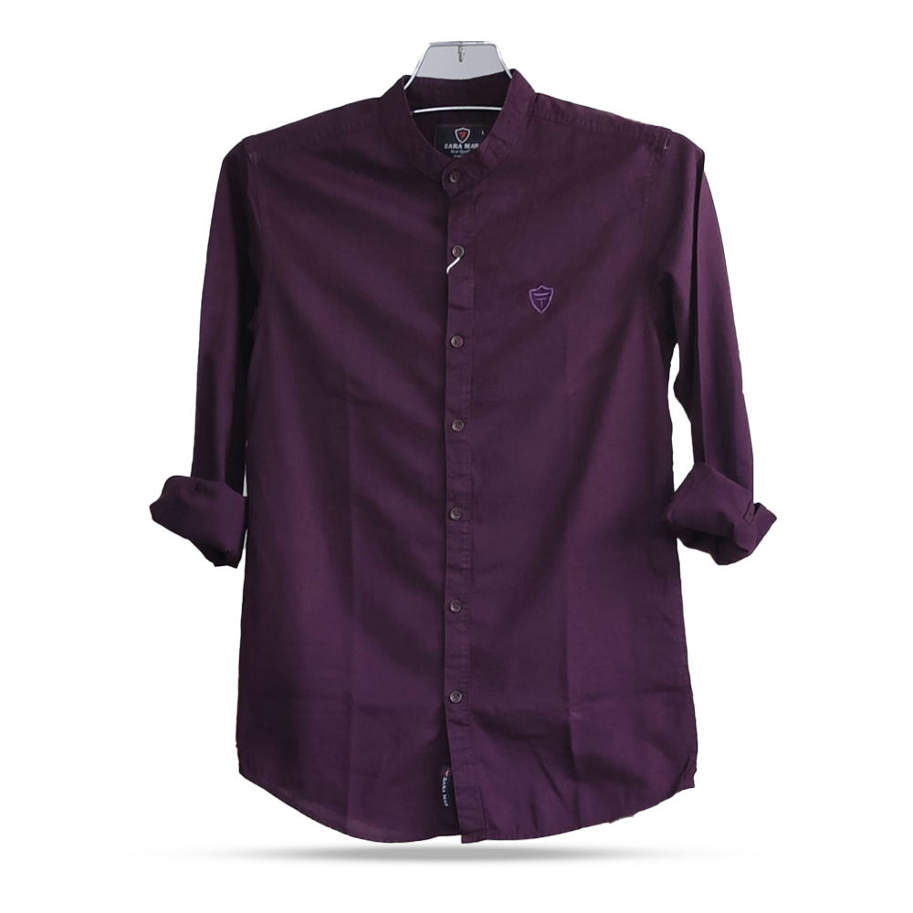 Oxford Cotton Full Sleeve Band Collar Shirt For Men - Purple - OP19