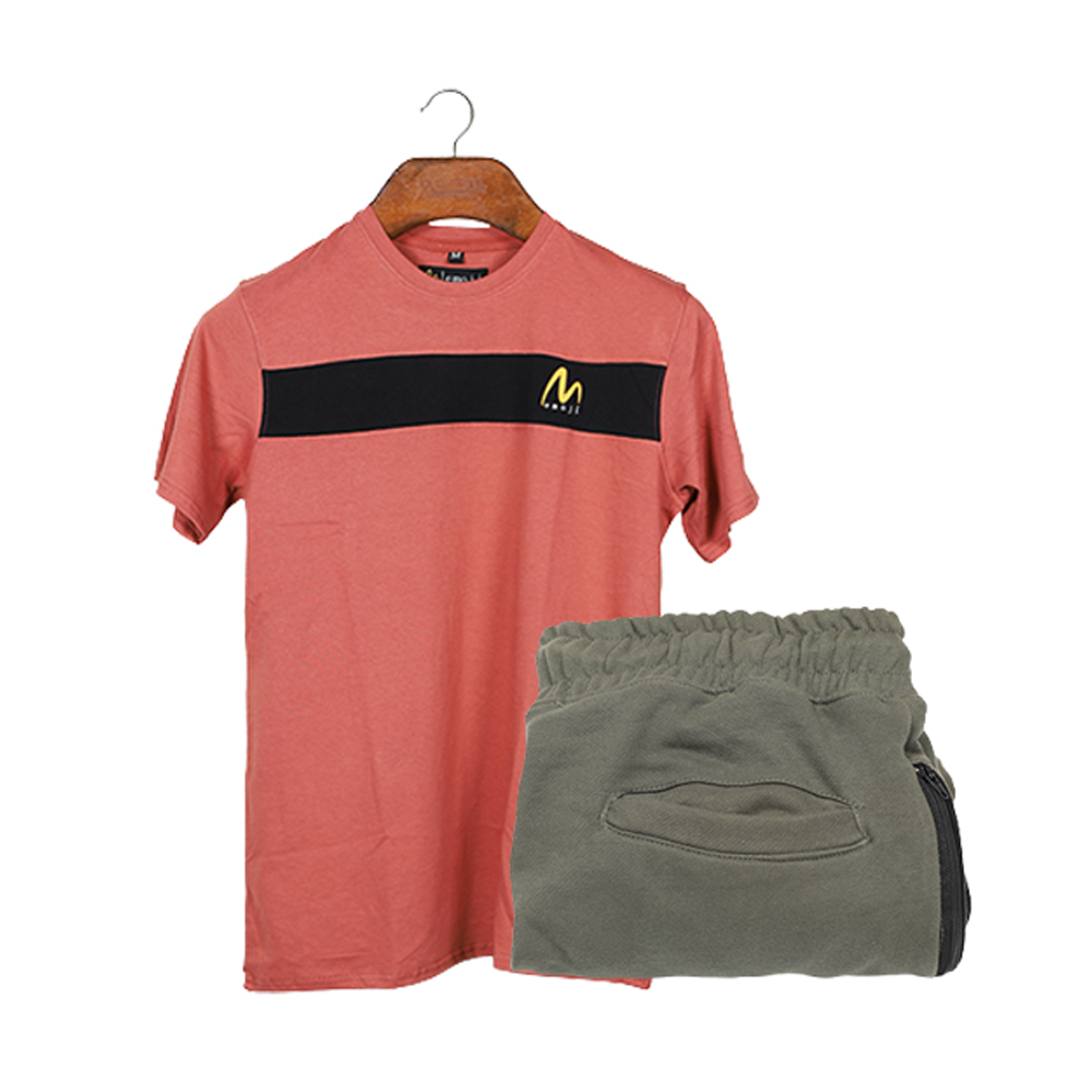 Cotton Half Sleeve T-Shirt & Terry Joggers For Men - Coral & Olive- EMJ#CTOJC