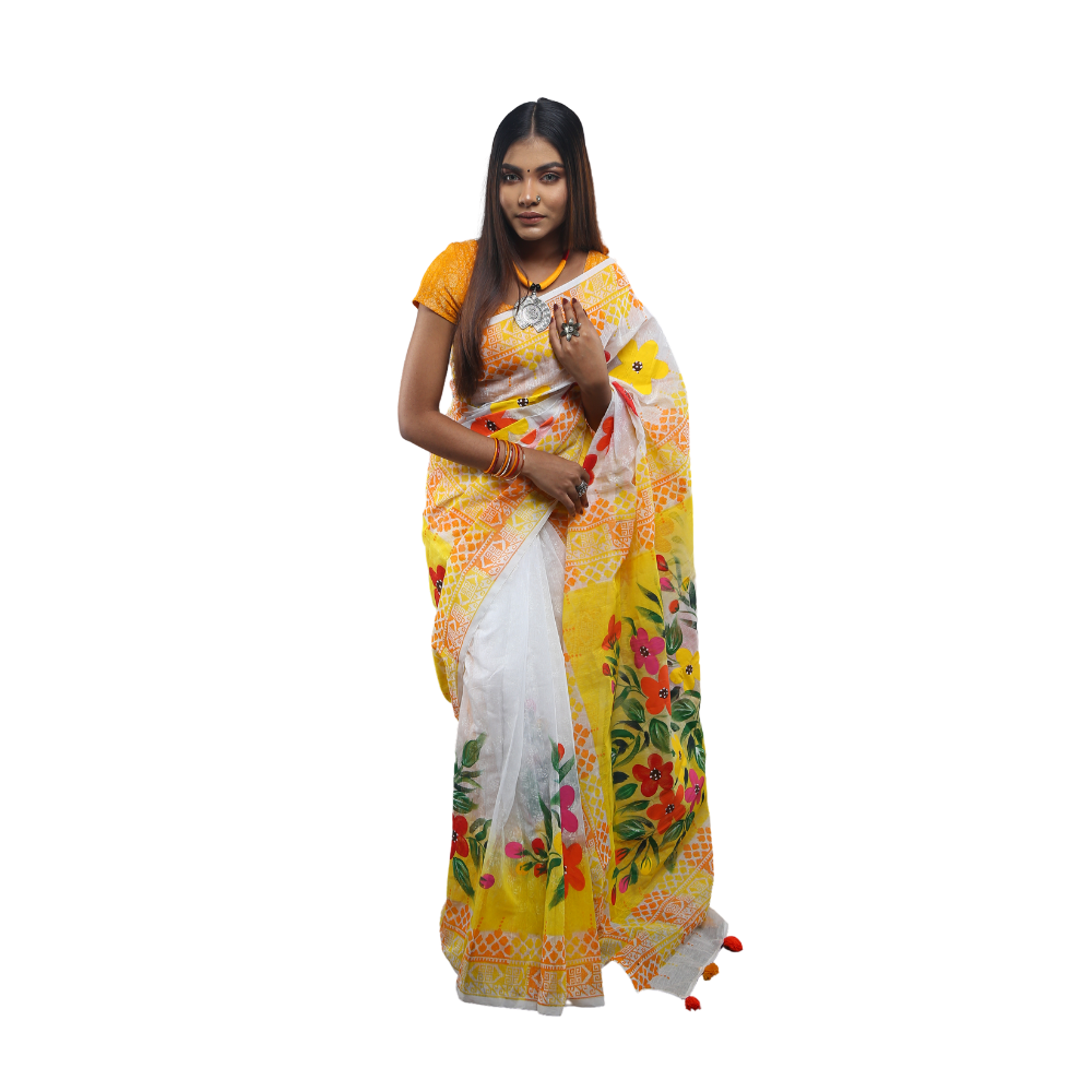 Hand Print Silk Cotton Saree For Women - Yellow - SC34