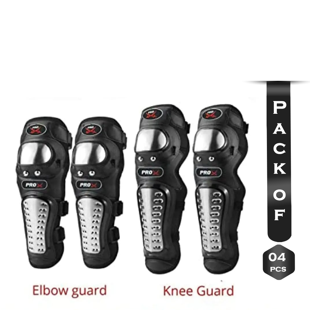 Set of 4Pcs Steel Biker Knee and Elbow Safety Guard For Biker - Black and Silver