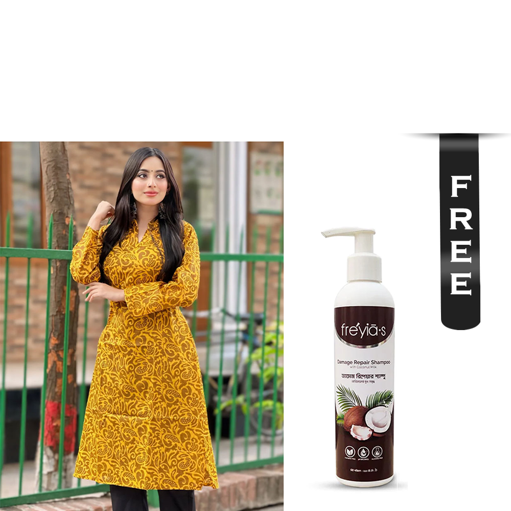 Buy Showstopper Cotton Kurti for Women - 1123 000242 - Masterd Yellow and Get Freyias Damage Repair Shampoo with Coconut Milk - 220ml Free