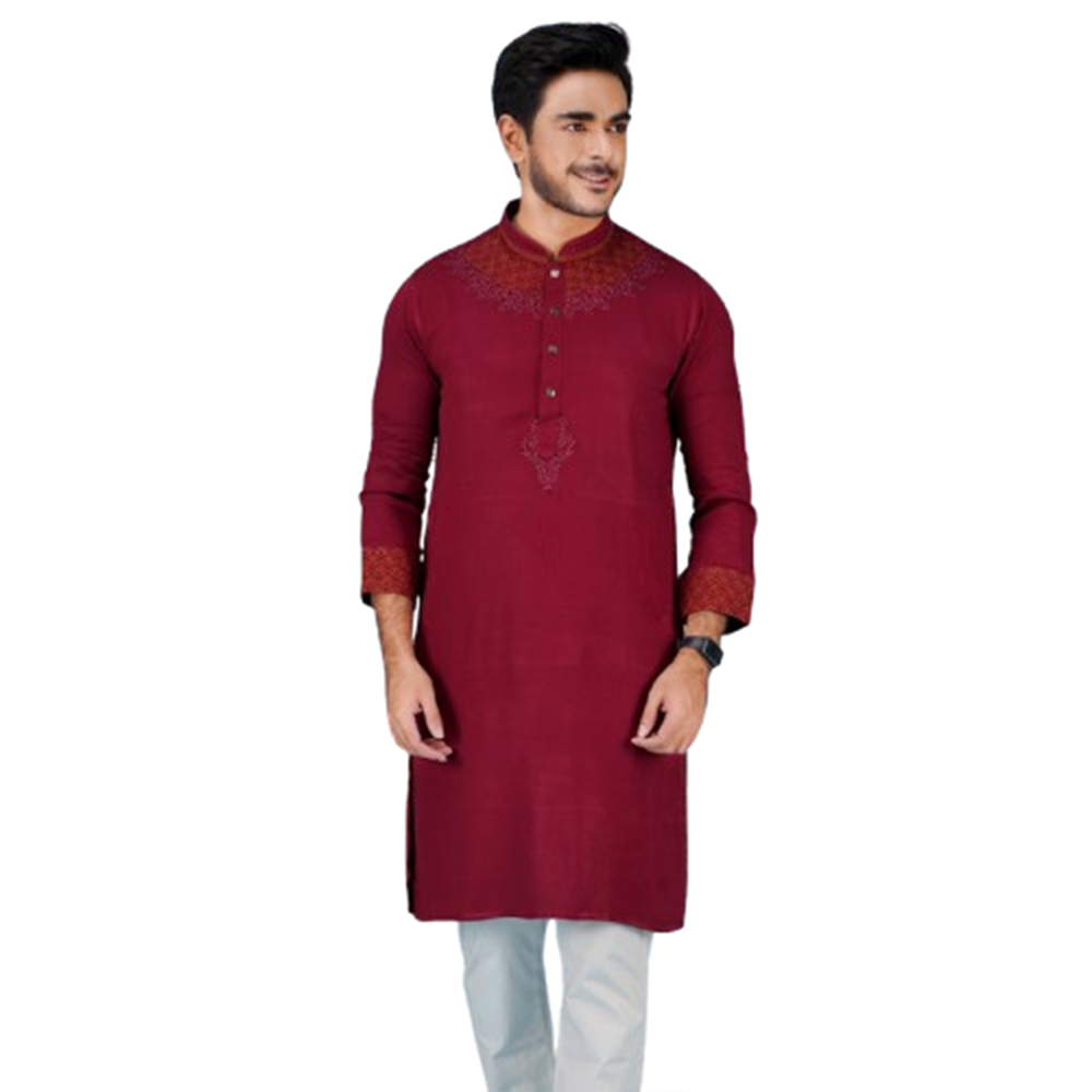 Cotton Embroidery Semi Long Panjabi For Men - Maroon - PM-31