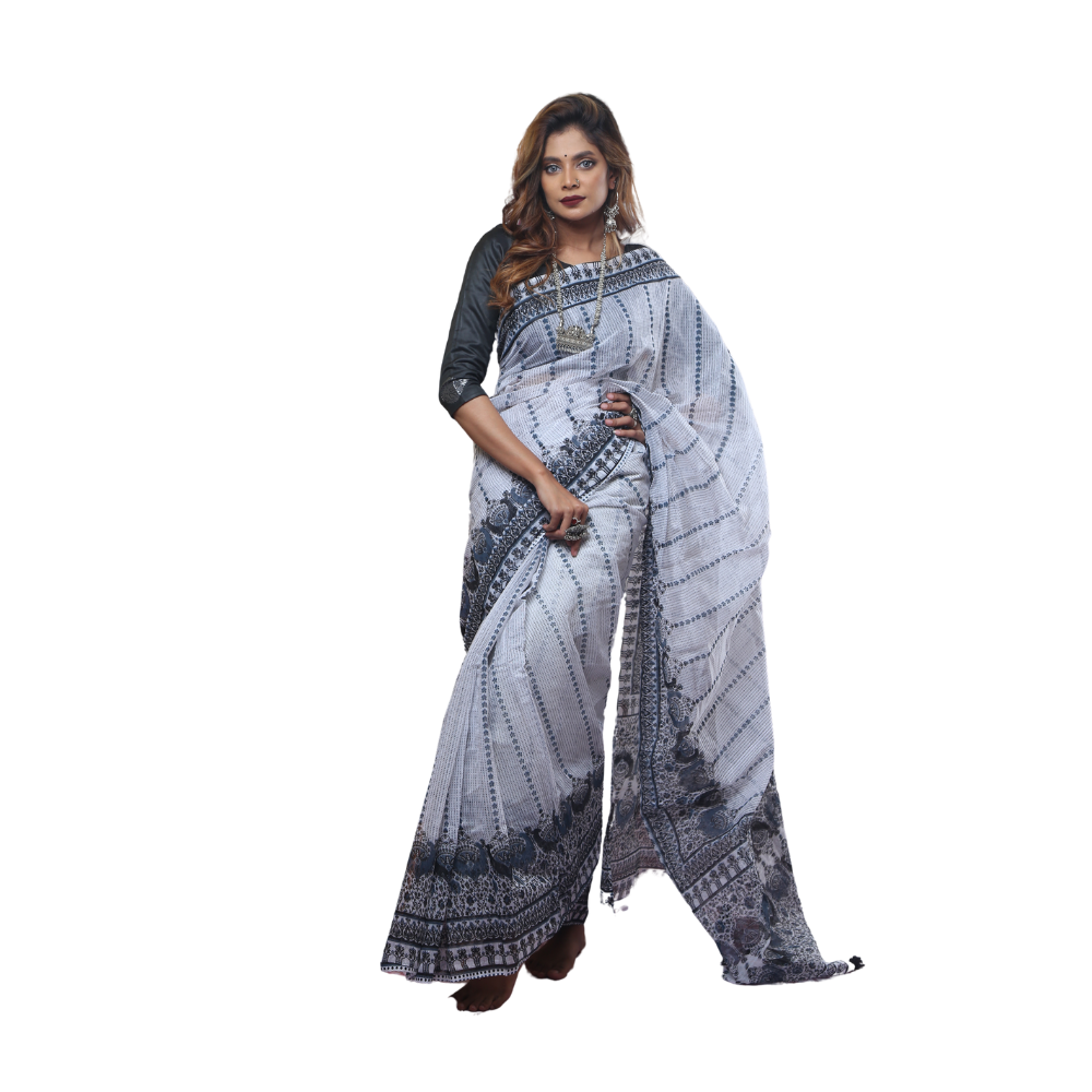 Skin Print Silk Cotton Saree For Women - Black & White - SC7