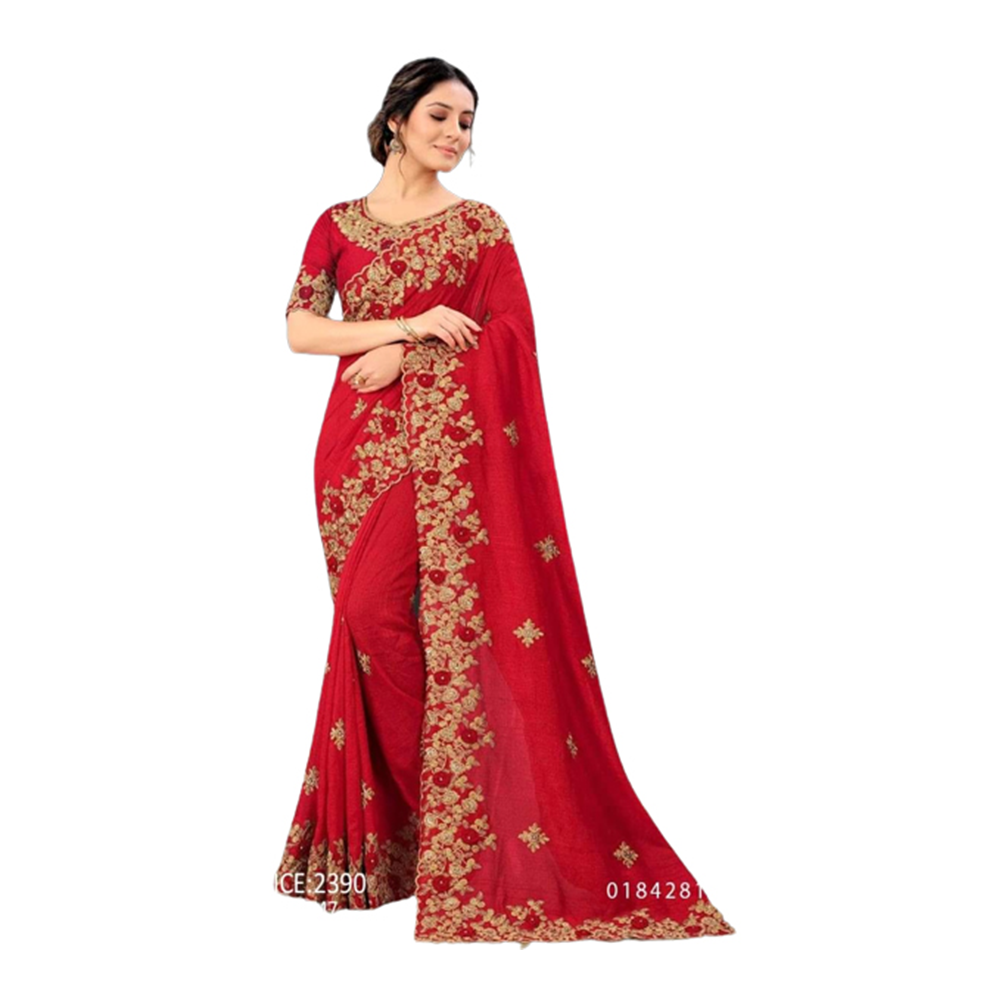 Soft Georgette Embroidery Saree With Blouse Piece For Women - Red - SJ-20