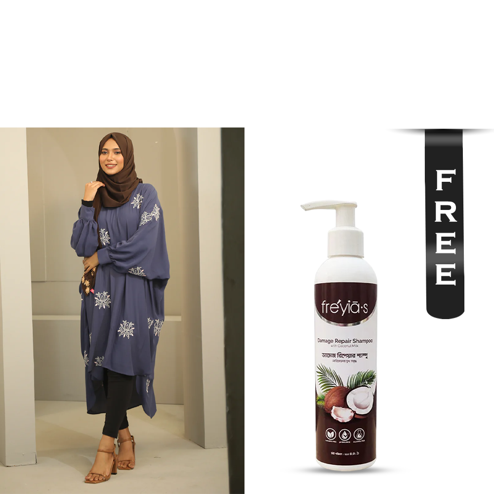 Buy Hiba Cherry Georgette Abaya for Women - 0224 000265 - Stone Blue and Get Freyias Damage Repair Shampoo with Coconut Milk - 220ml Free